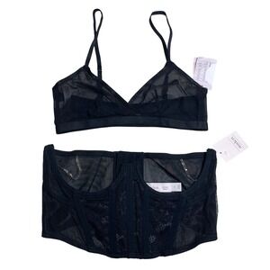 Auden Intimates Black Mesh Bralette and Lace Corset Lingerie Set Small NWT